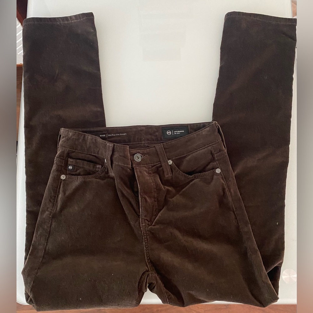AG Adriano Goldschmied Mid-rise Slim Straight Dark Brown Corduroy Pants